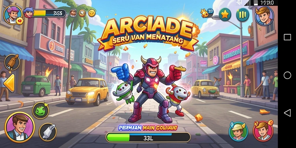 Tampilan layar utama 33L dengan aksi permainan arcade yang seru.