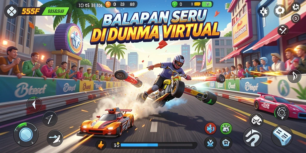 Screenshot gameplay 555F menampilkan balapan seru di jalur berliku.