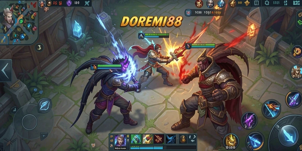 Tangkapan layar utama DOREMI88 menampilkan aksi pertempuran intens di arena MOBA.
