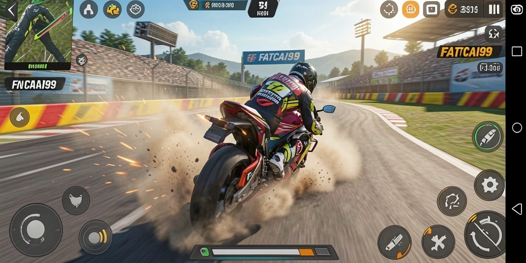 Menampilkan gameplay seru balapan motor dengan berbagai trek dan motor.