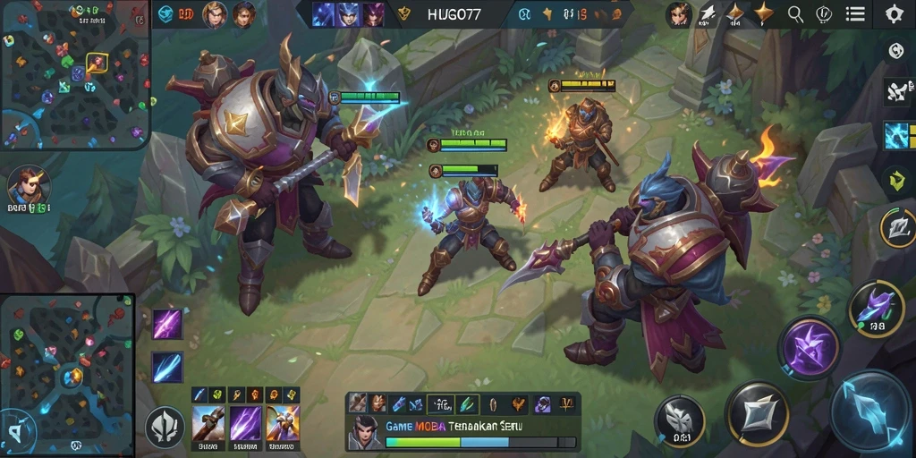Tampilan gameplay seru dan mendebarkan dalam HUGO77 MOBA.