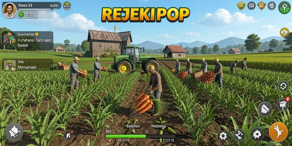 Screenshot utama REJEKIPOP yang menampilkan aktivitas bertani.