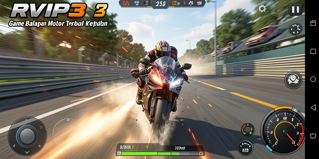 Tampilan gameplay RVIP3 menunjukkan balapan motor yang seru dan mendebarkan.